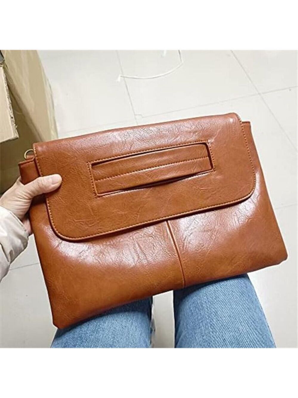 Women Handbags Brown Vegan Leather Clutch Handbag Messenger Bag Large Solid High